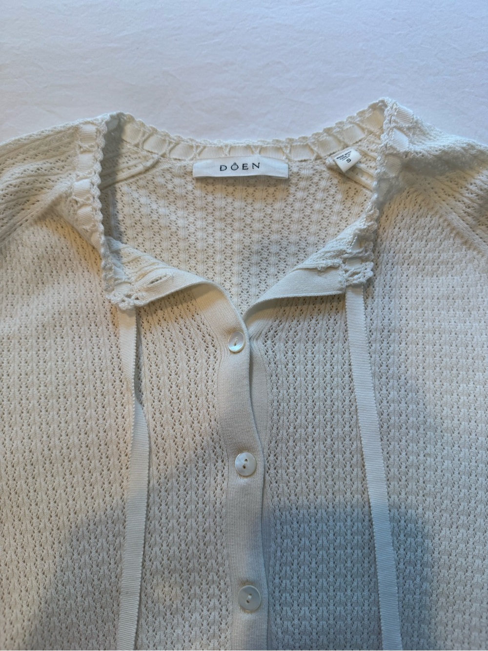 Doen Cream Ribbed Button Cardigan with Neck Ties - Picture 3 of 3